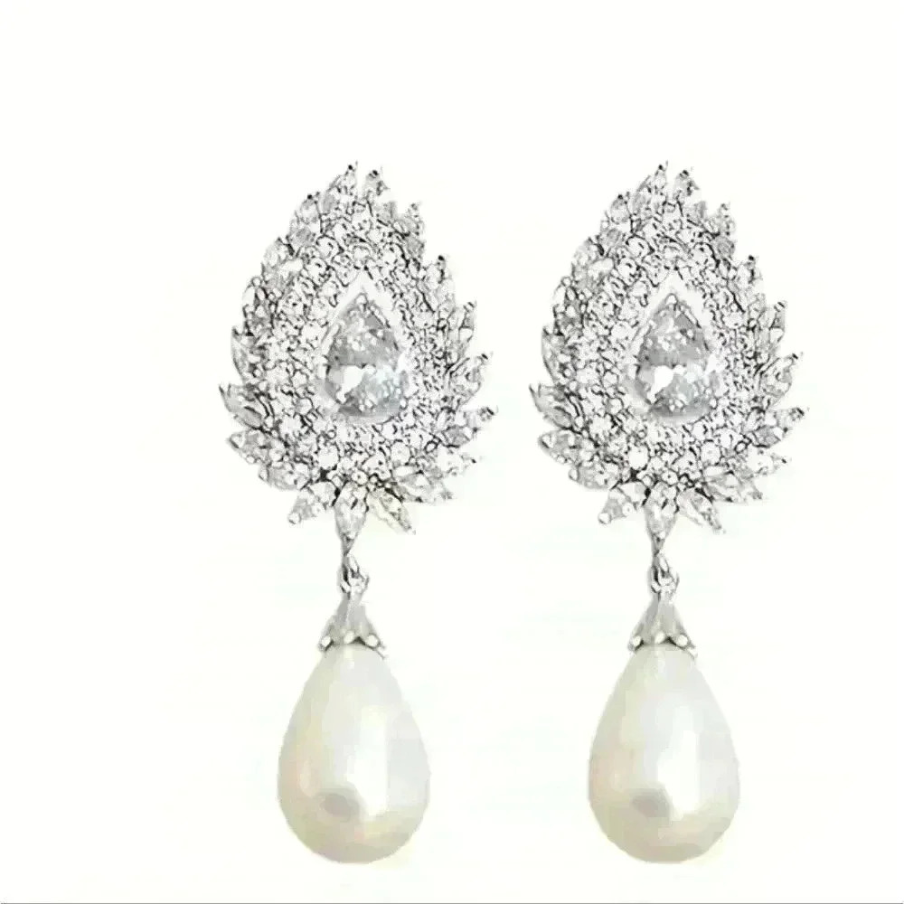 Silver Teardrop Shape Shiny Zircon & Faux Pearl earrings. - Picture 2 of 5